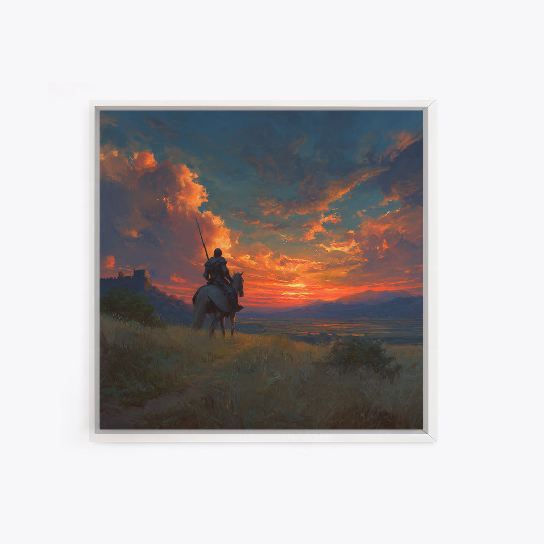 Armored Knight On Horseback At Fiery Sunset Canvas Print, Medieval Fantasy Wall Art, Dramatic Landscape Decor For Him Gift