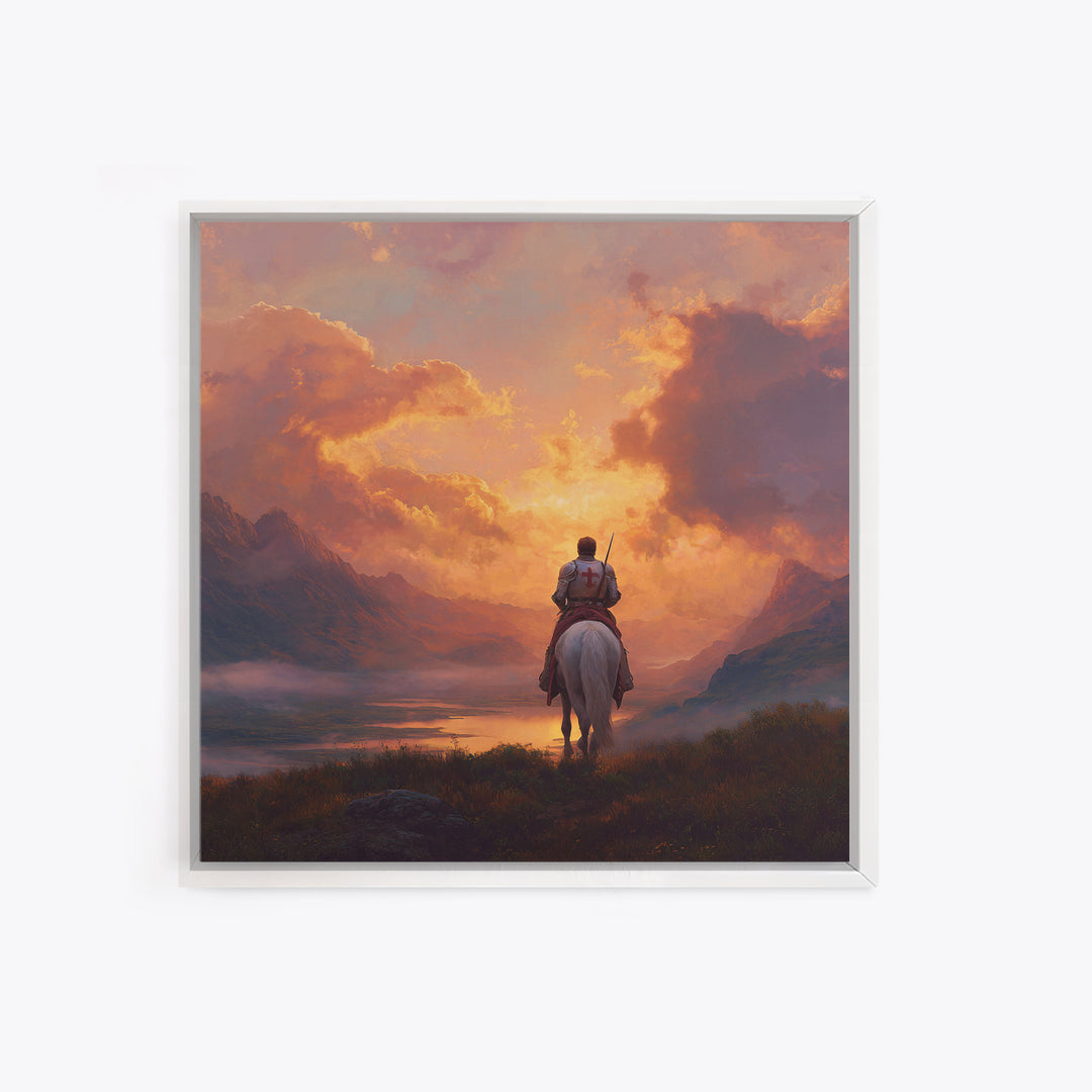 Lone Crusader Horseback Sunset Canvas Print, Epic Mountain Landscape Wall Art, Christian Artwork, Fantasy Art, Gift For Him