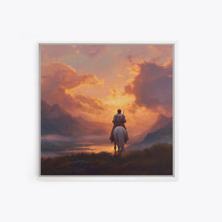 Lone Crusader Horseback Sunset Canvas Print, Epic Mountain Landscape Wall Art, Christian Artwork, Fantasy Art, Gift For Him
