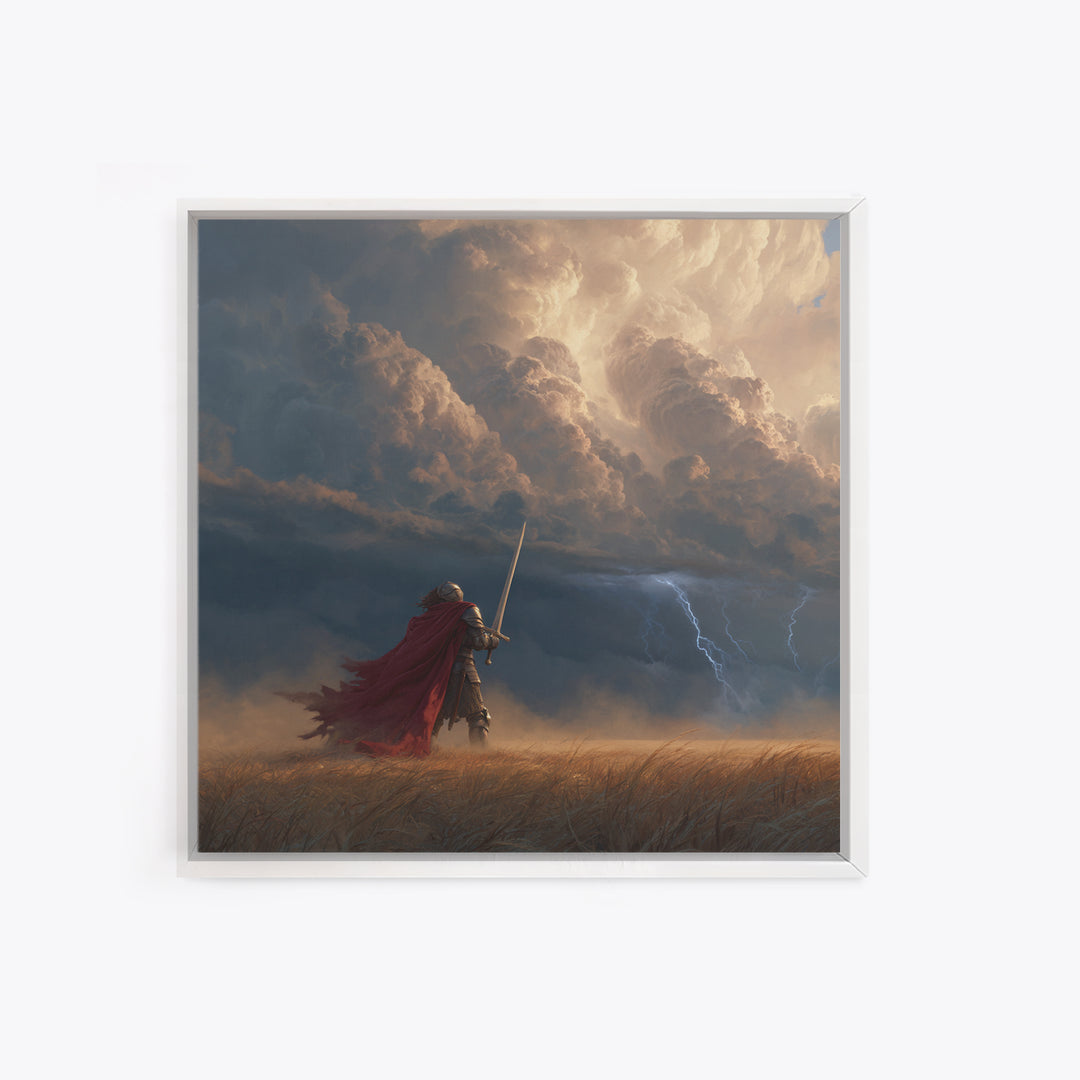 Armored Knight Facing Thunderstorm Wall Art, Dark Fantasy Canvas Print, Medieval Decor, Dramatic Warrior Gift For Him, Office Decor