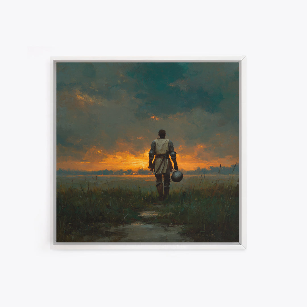 Lone Knight Walking Into Sunset Wall Art, Moody Medieval Landscape Canvas Print, Dark Academia Decor, Fantasy Gift For Him
