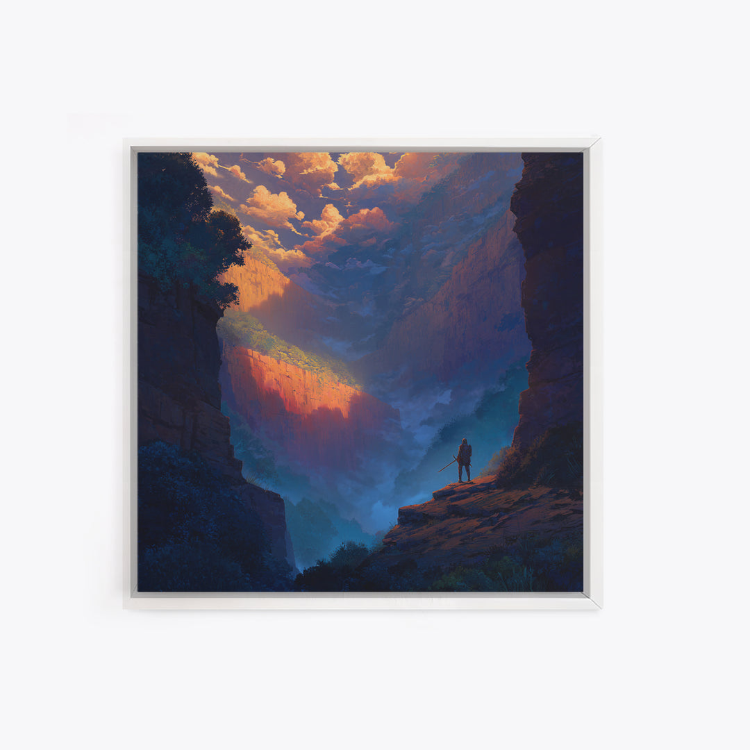 Warrior Over Misty Canyon Wall Art, Epic Fantasy Landscape Canvas Print, Mountain Wall Art, Adventure Decor, Gift For Him