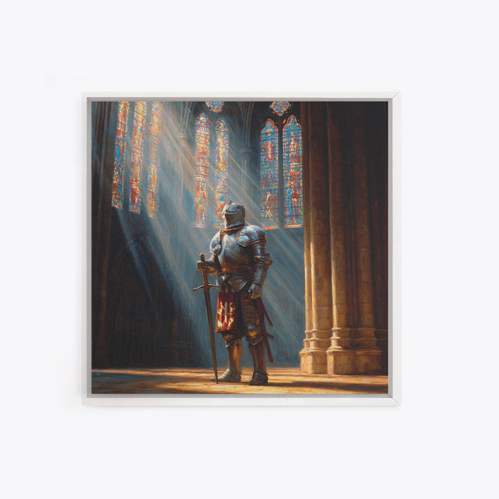 Armored Knight In Cathedral Light Wall Art, Medieval Fantasy Oil Painting, Gothic Decor, Dark Academia, Living Room Decor, Gift For Him