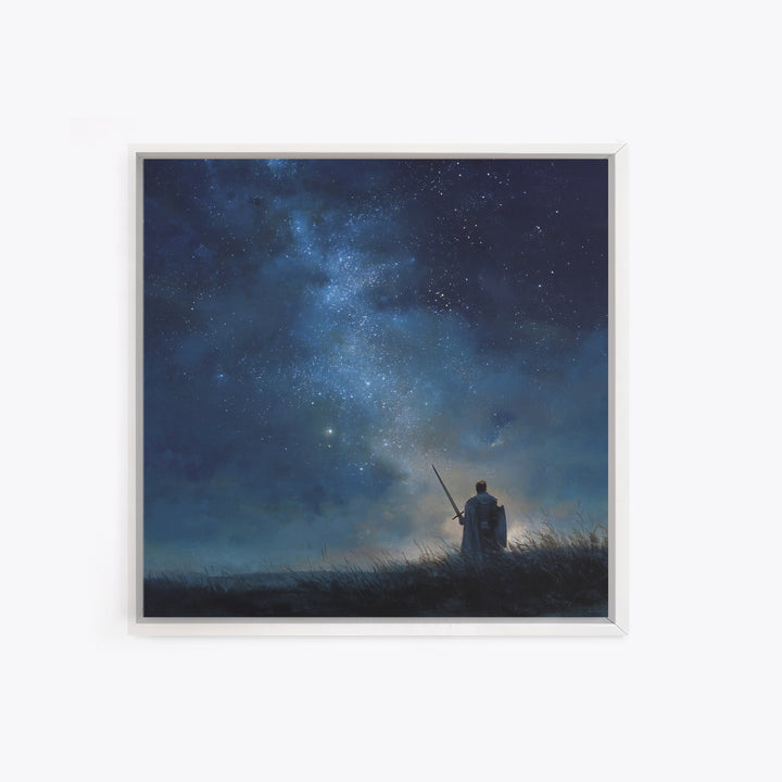 Starry Night Warrior With Sword Under Milky Way Canvas Print, Fantasy Wall Art, Celestial Decor, Mystical Bedroom Art Gift