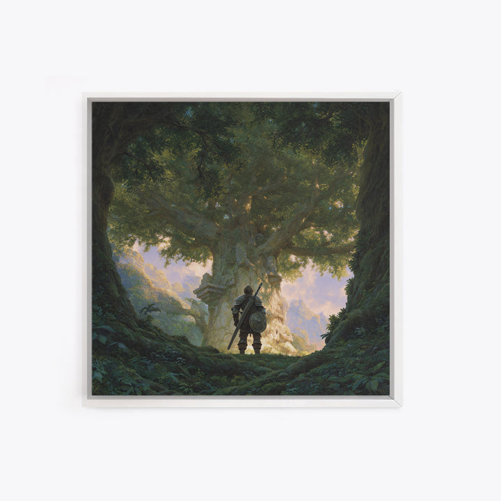 Warrior Before Ancient Tree Wall Art, Fantasy Forest Canvas Print, Enchanted Landscape Decor, Mythical Adventure Gift For Gamers