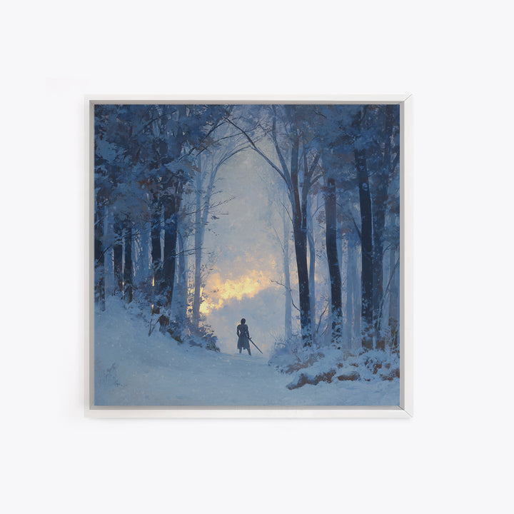 Blue Snowy Forest Wanderer Wall Art, Winter Landscape Canvas Print, Moody Nature Decor, Fantasy Adventure Gift For Him