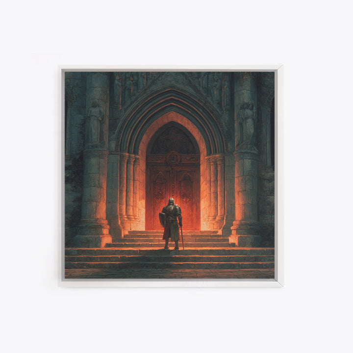 Armored Knight Before Gothic Cathedral Door Canvas Print, Medieval Wall Art, Dark Academia Decor, Gothic Fantasy Gift For Him