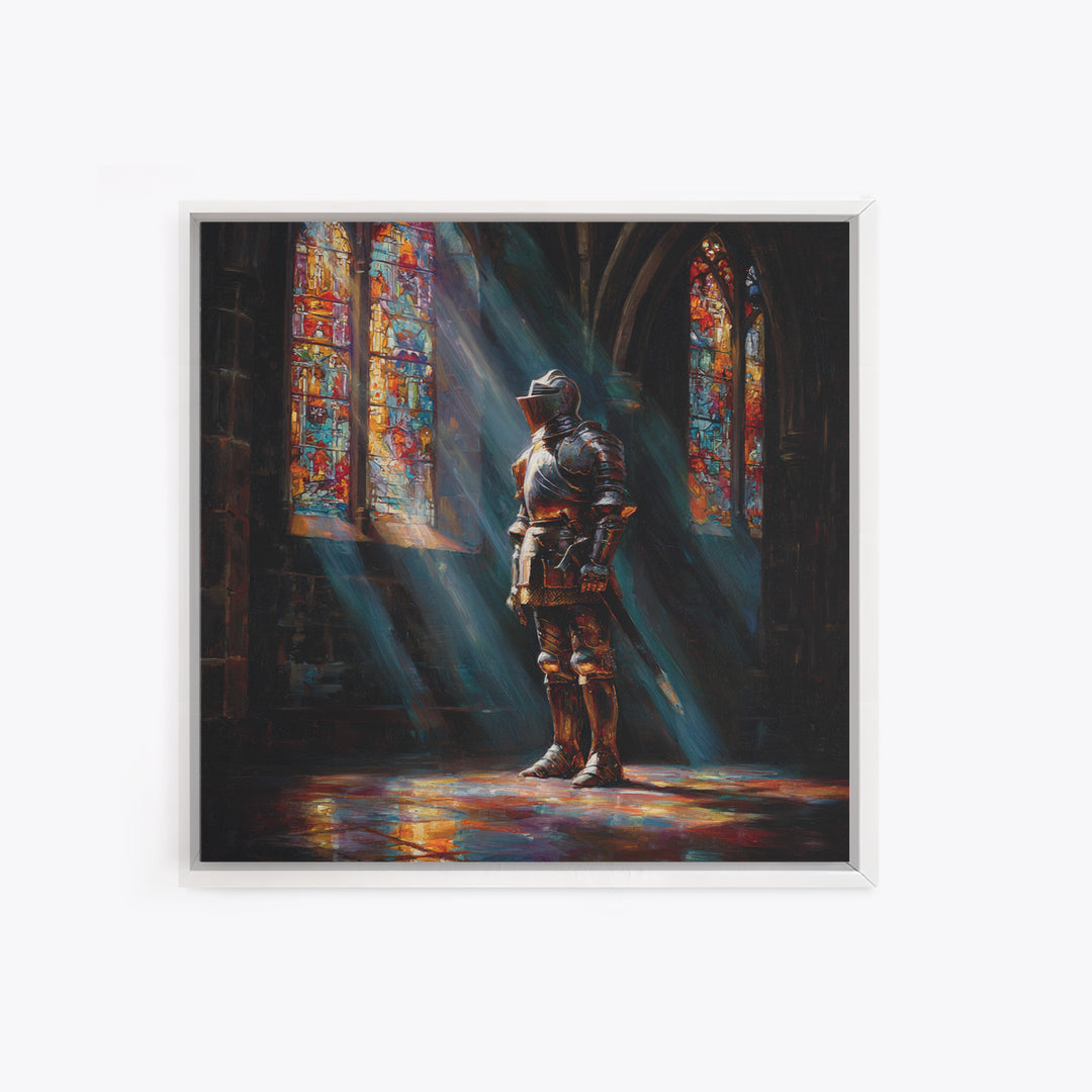 Armored Knight In Stained Glass Cathedral Wall Art, Gothic Castle Canvas Print, Medieval Decor, Dark Academia Fine Art Print
