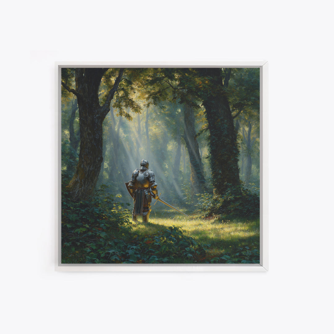 Armored Knight In Sunlit Forest Wall Art, Fantasy Canvas Print, Medieval Woodland Decor For Game Room Office And Home Decor