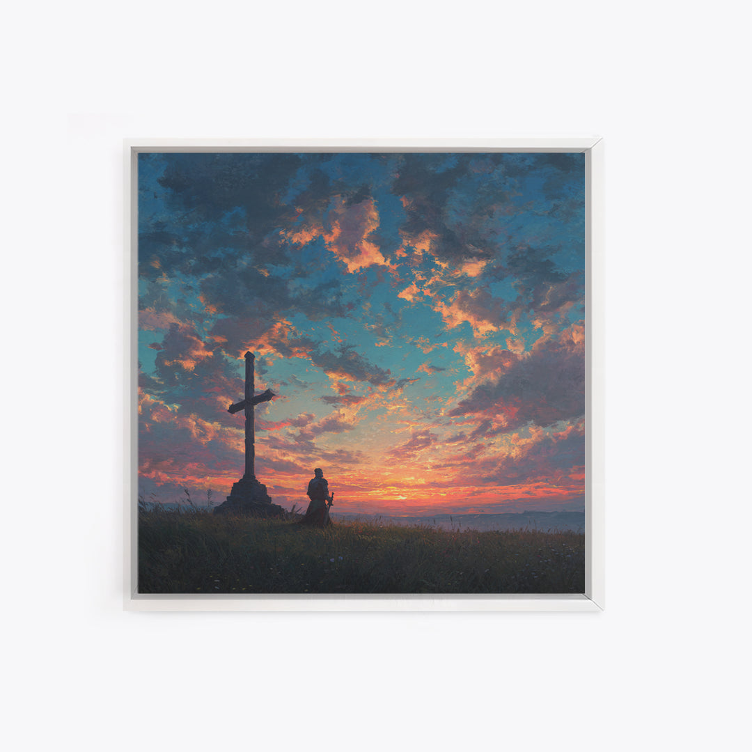Knight Praying By Cross At Sunset Wall Art, Christian Landscape Painting, Bible Verse Decor, Inspirational Gift For Him Print