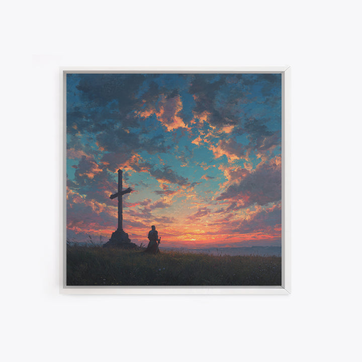 Knight Praying By Cross At Sunset Wall Art, Christian Landscape Painting, Bible Verse Decor, Inspirational Gift For Him Print