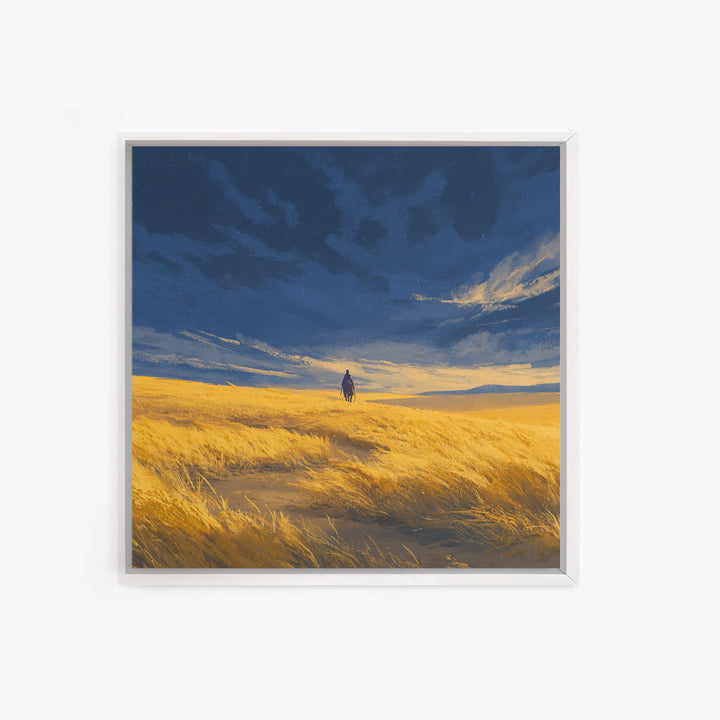 Lone Traveler In Golden Prairie Under Blue Sky Wall Art, Dreamy Landscape Canvas Print, Minimalist Nature Decor, Rustic Gift