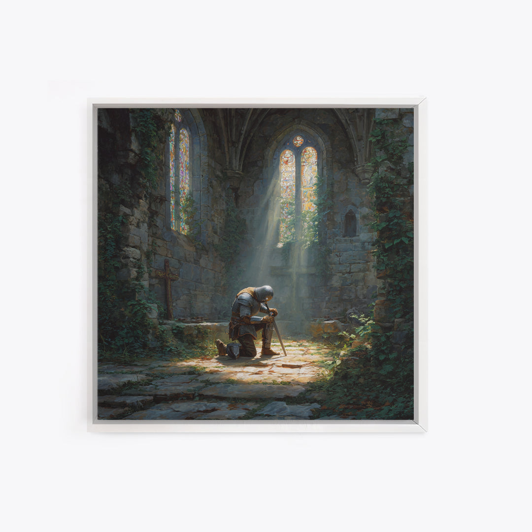 Kneeling Knight In Ruined Chapel Wall Art, Medieval Fantasy Canvas Print, Gothic Decor, Christian Artwork, Fine Art Print