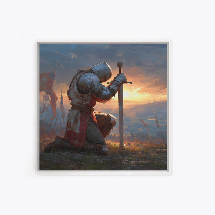 Kneeling Medieval Knight Wall Art, Fantasy Canvas Print, Warrior Sword Painting, Gothic Decor, Dark Academia Gift For Him