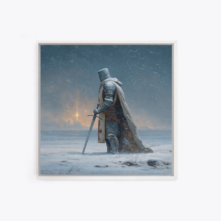 Snowy Medieval Knight Canvas Print, Fantasy Wall Art, Winter Warrior Sword Painting, Gothic Decor, Dark Academia Gift For Him