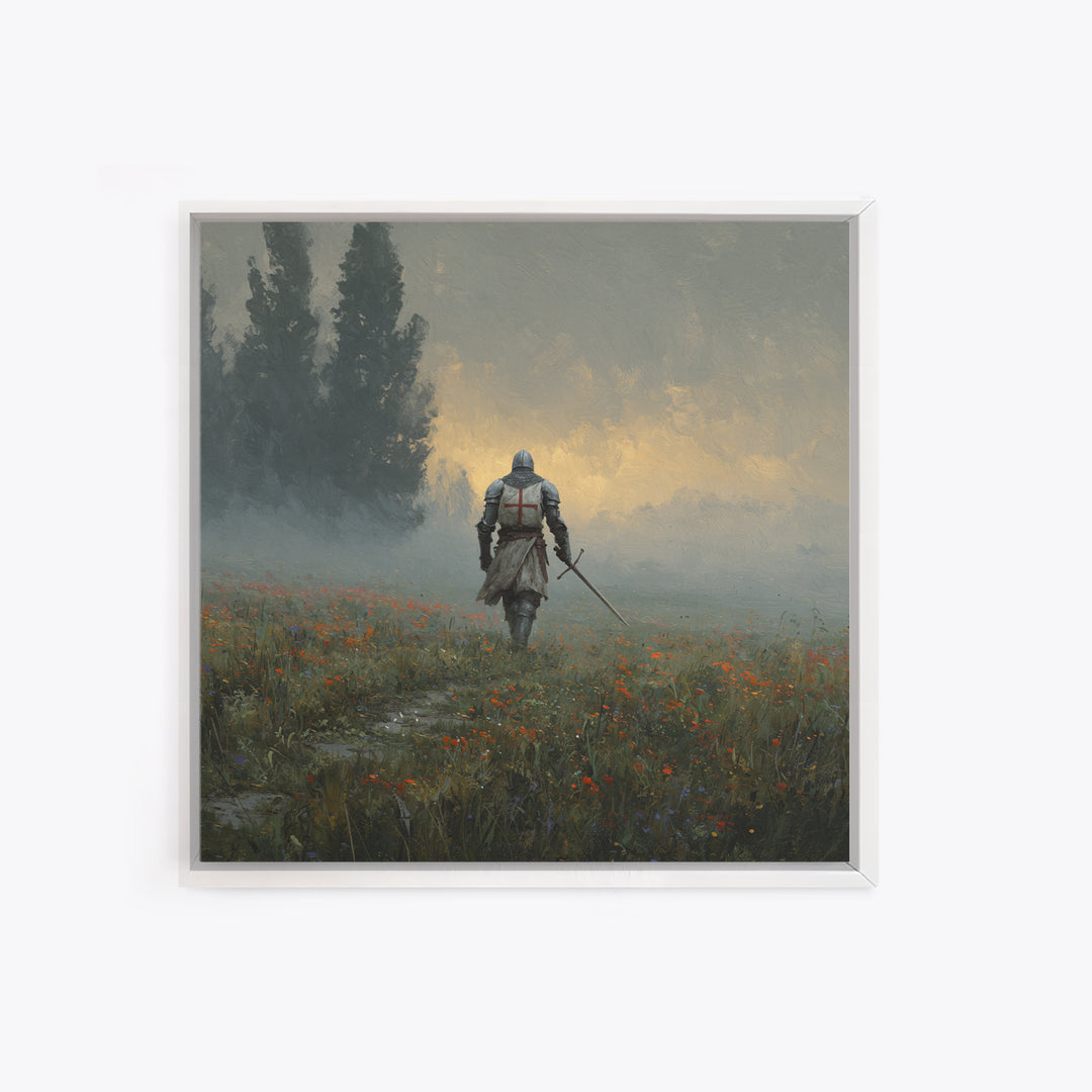 Misty Crusader Knight In Wildflower Meadow Wall Art, Medieval Landscape Canvas Print, Rustic Gothic Decor, Gift For Him Art