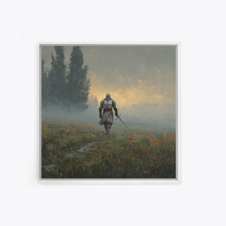 Misty Crusader Knight In Wildflower Meadow Wall Art, Medieval Landscape Canvas Print, Rustic Gothic Decor, Gift For Him Art