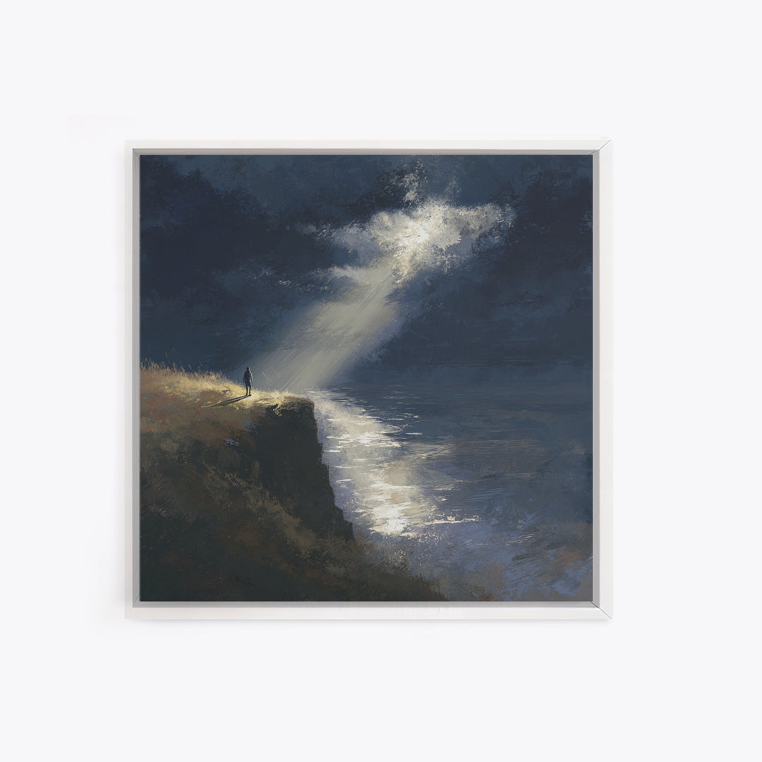 Lone Figure On Moonlit Cliff Wall Art, Moody Seascape, Dramatic Ocean Landscape, Dark Academia, Coastal Canvas Print, Fine Art Print