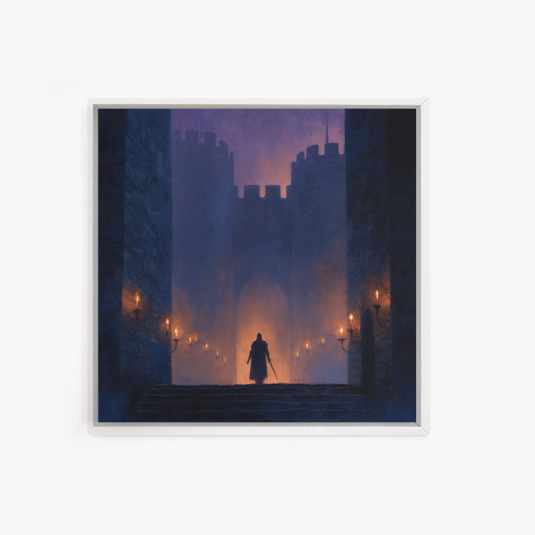 Cloaked Warrior At Castle Gate Wall Art, Dark Fantasy Canvas Print, Medieval Gothic Decor, Moody Game Room Art Gift For Him