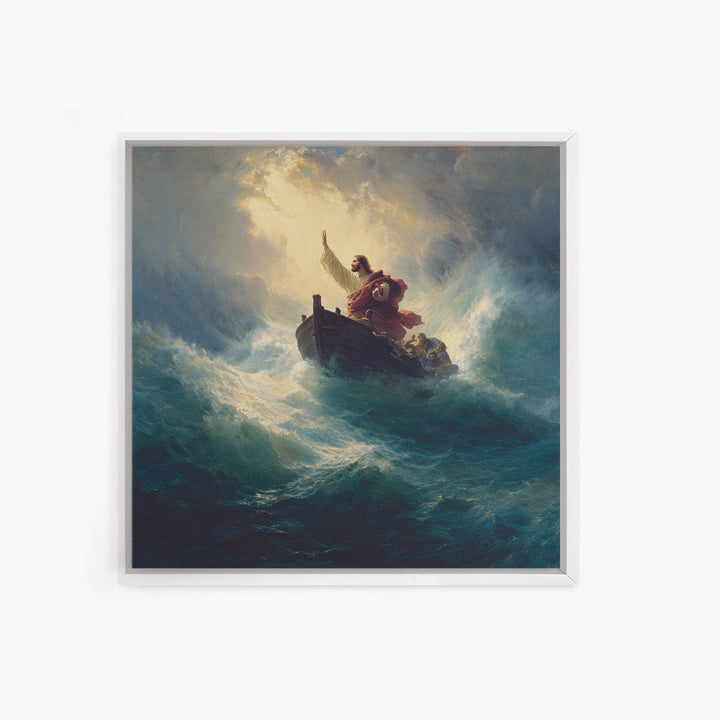 Jesus Calming The Storm At Sea Canvas Print, Biblical Ocean Painting, Christian Wall Art, Faith Gift For Prayer Room Decor