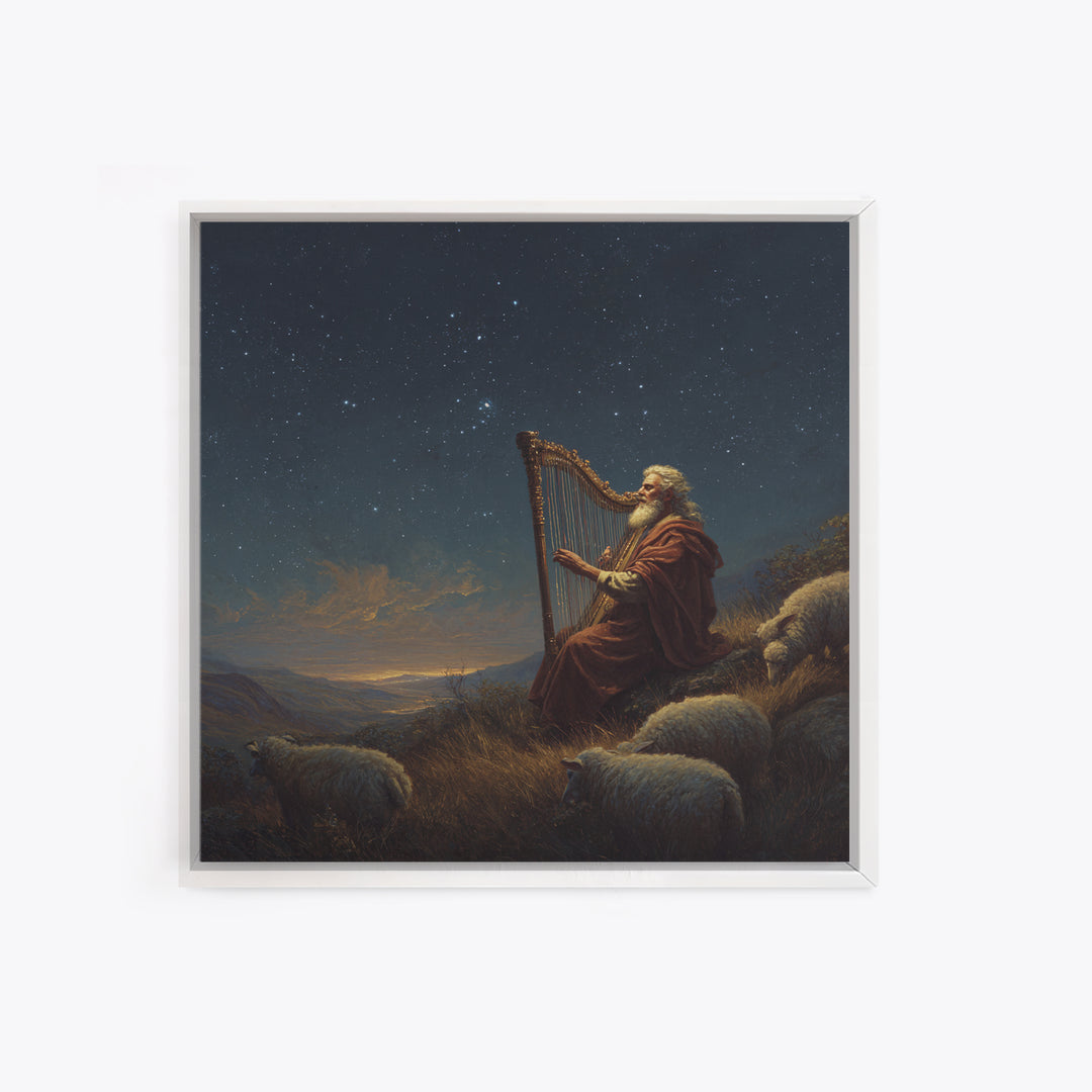 Biblical Shepherd Playing Harp Under Stars Canvas Print, David Psalm Wall Art, Celestial Christian Decor, Peaceful Gift For Her