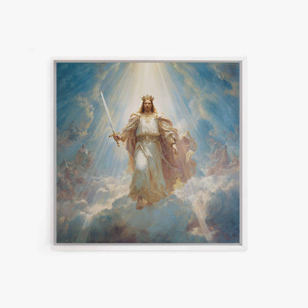 Radiant Jesus Warrior In Clouds Wall Art, Christian Framed Canvas Print, Biblical Religious Home Decor Gift For Prayer Room