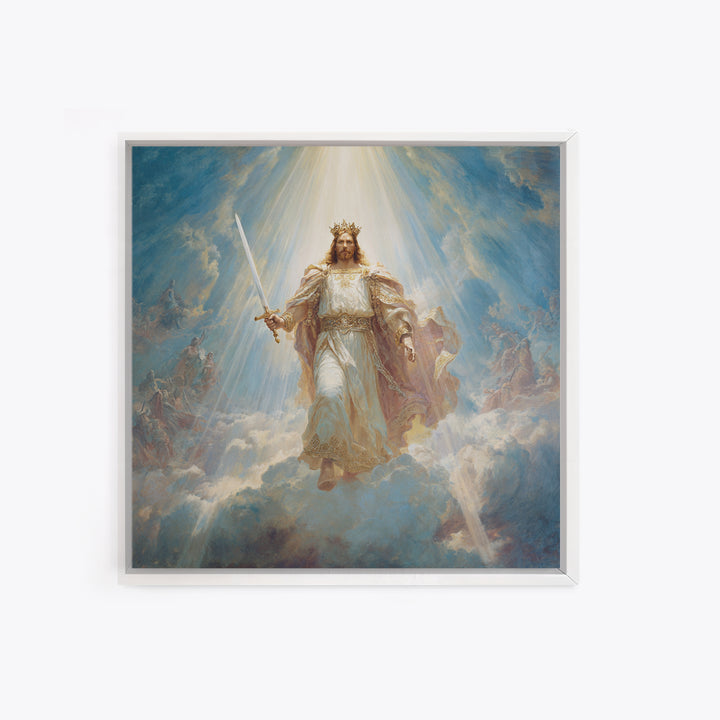 Radiant Jesus Warrior In Clouds Wall Art, Christian Framed Canvas Print, Biblical Religious Home Decor Gift For Prayer Room