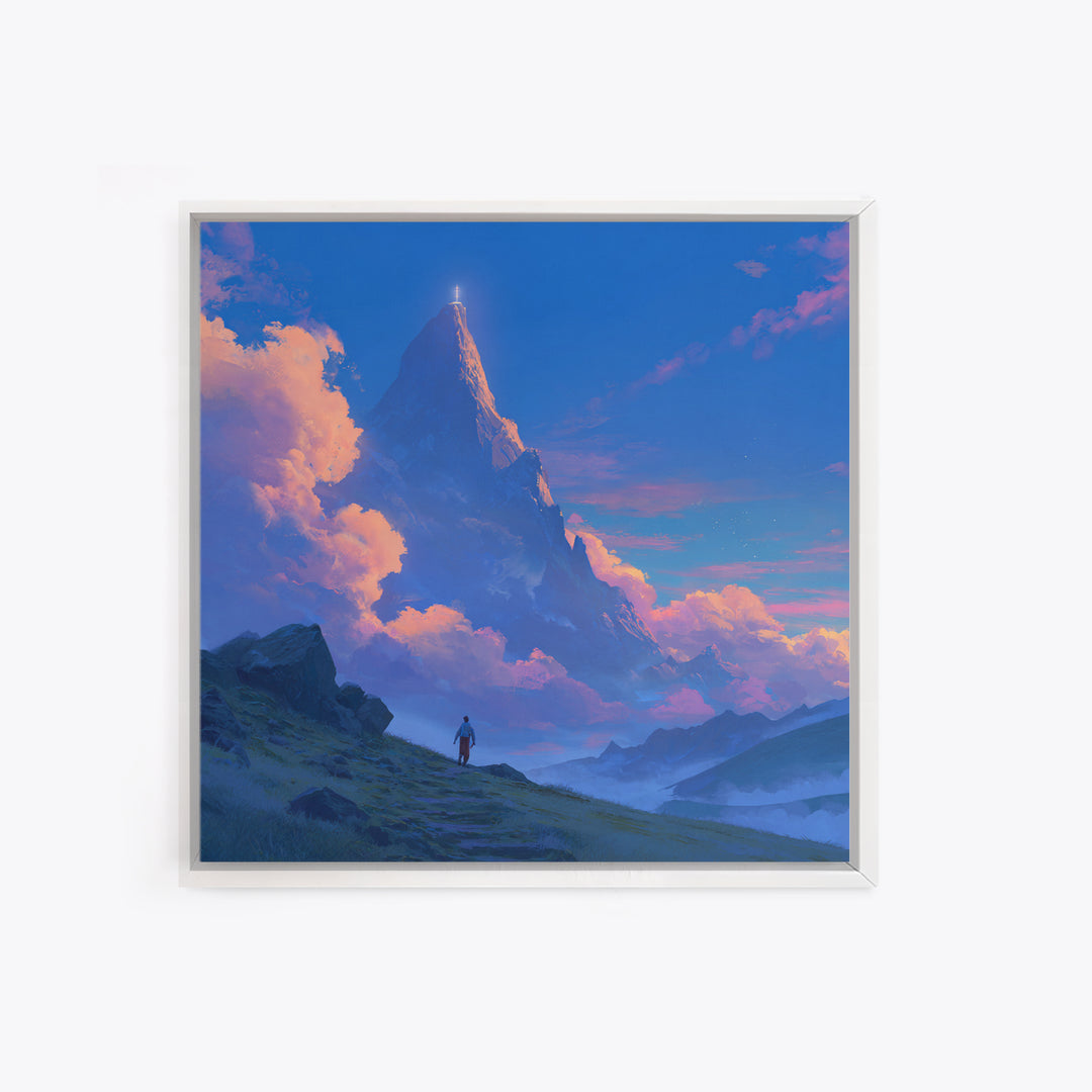 Glowing Fantasy Mountain Canvas Print, Epic Landscape Wall Art, Blue Sky Adventure Decor, Dreamy Nature Art, Gift For Him
