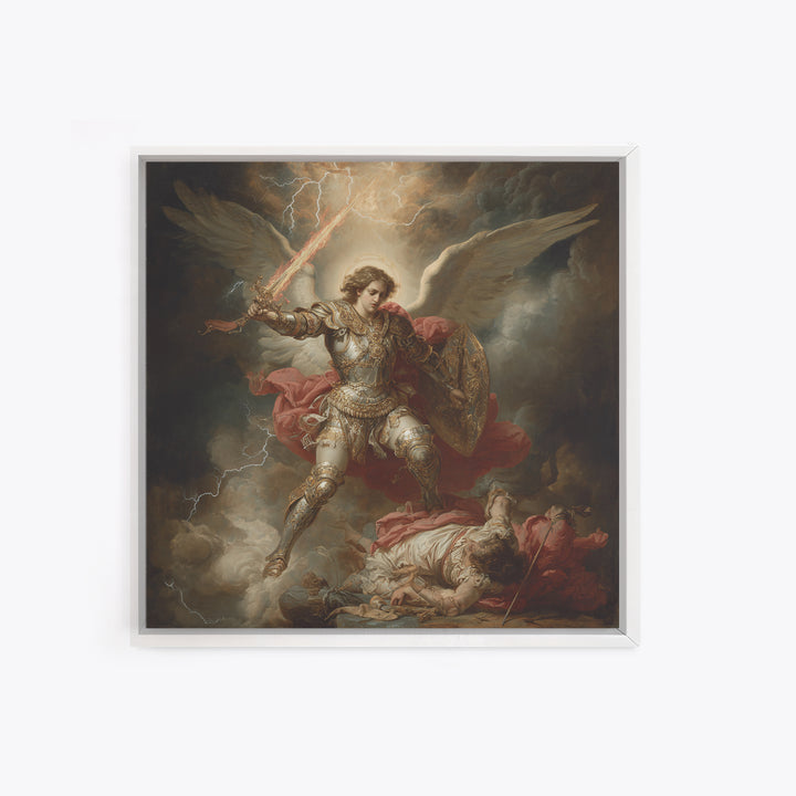 Archangel Michael Defeating Demon Framed Canvas Print, Baroque Religious Wall Art, Catholic Gift, Dramatic Fine Art Print