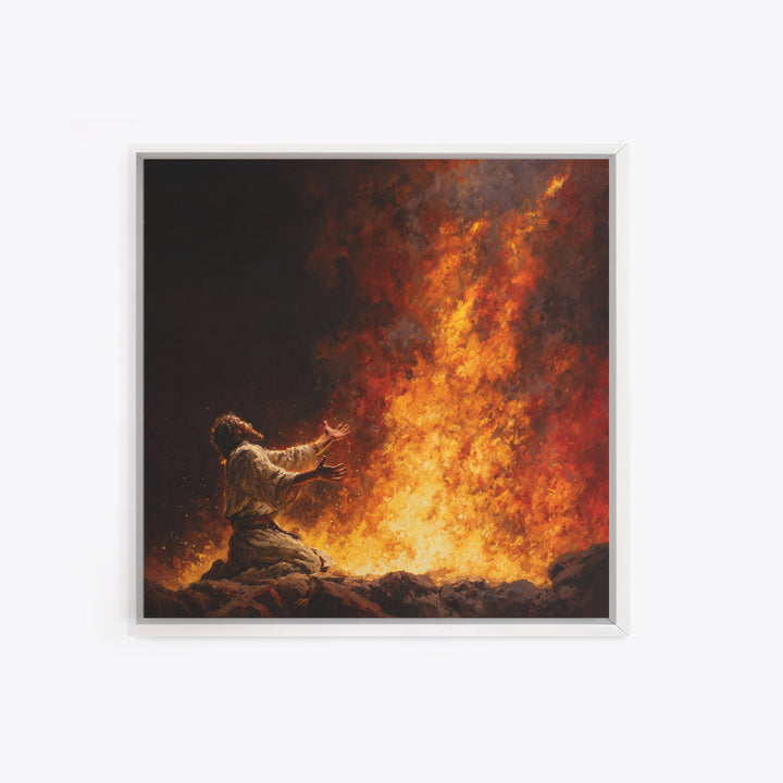 Kneeling Prophet Before Blazing Fire Wall Art, Biblical Painting, Spiritual Canvas Wall Art, Dramatic Christian Home Decor