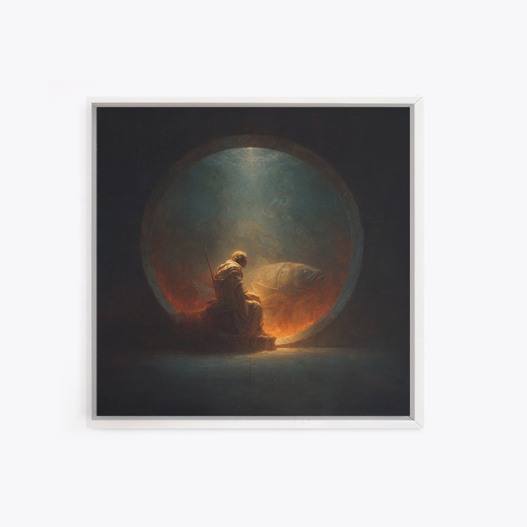 Surreal Fisherman And Giant Fish Canvas Print, Dark Fantasy Art, Moody Wall Decor, Unique Statement Artwork, Fine Art Print