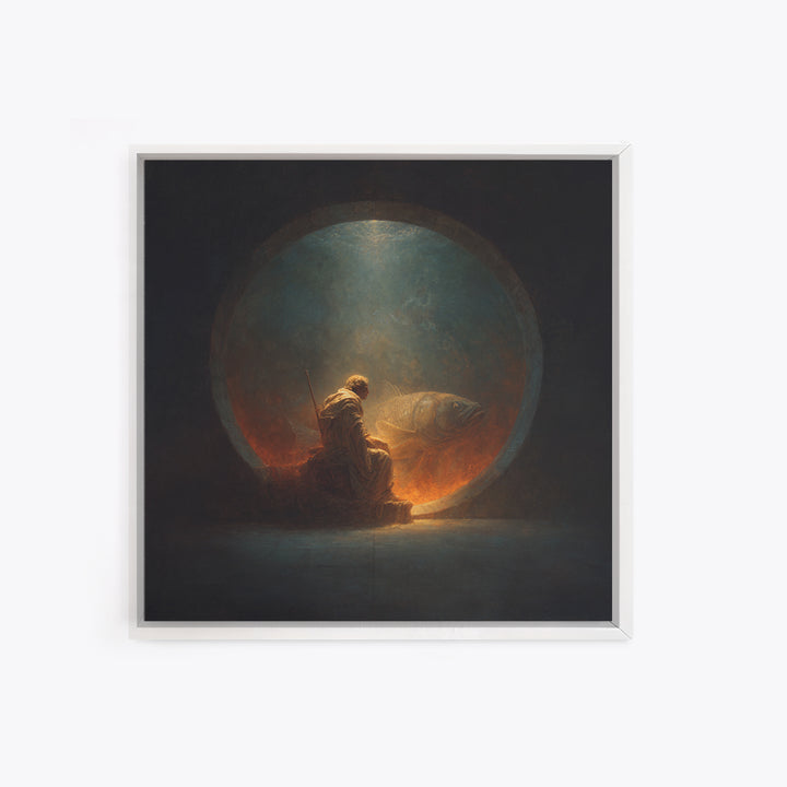 Surreal Fisherman And Giant Fish Canvas Print, Dark Fantasy Art, Moody Wall Decor, Unique Statement Artwork, Fine Art Print