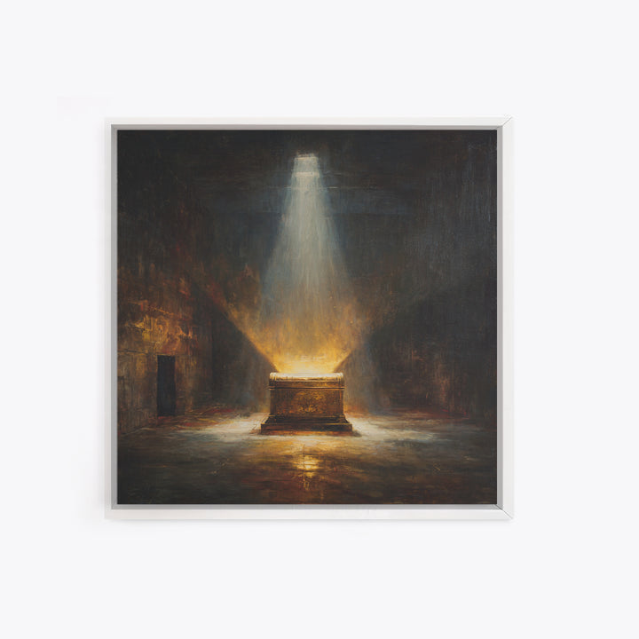 Glowing Ark In Ancient Chamber Framed Canvas Print, Dark Academia Wall Art, Biblical Oil Painting, Spiritual Home Decor Print
