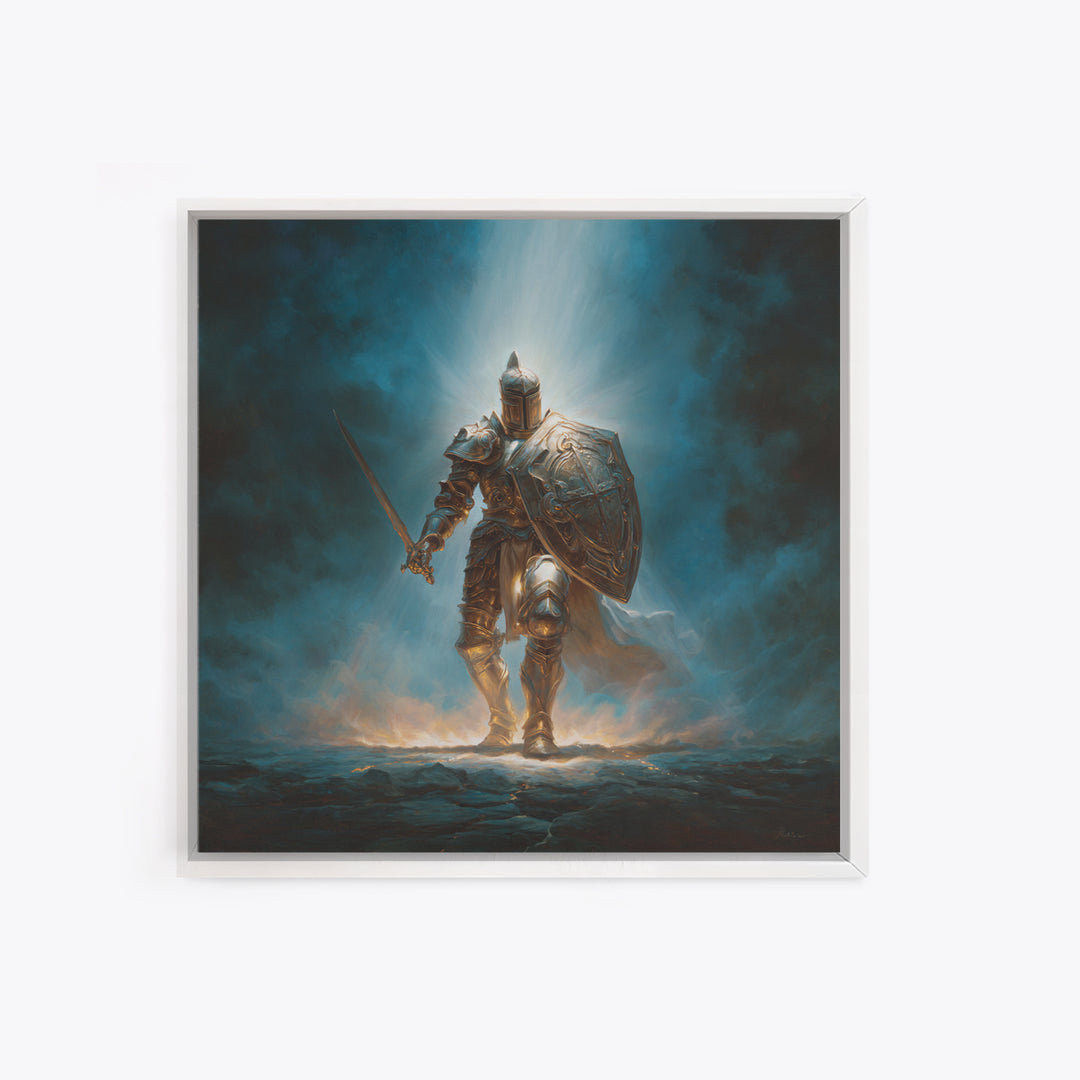 Heroic Silver Knight With Sword And Shield Wall Art, Fantasy Warrior Framed Canvas Print, Gothic Decor, Dramatic Office Art