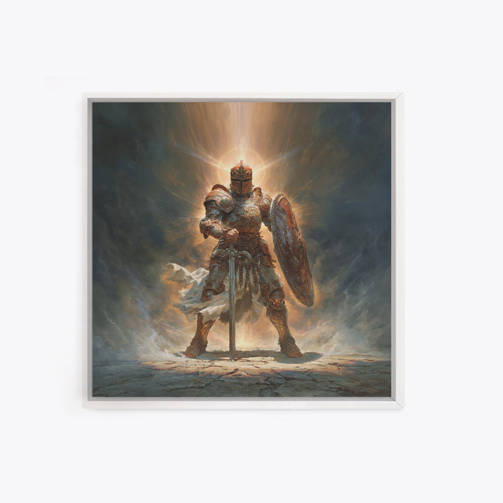 Glowing Medieval Knight Framed Canvas Print, Fantasy Wall Art, Warrior Armor Painting For Man Cave Decor And Gift For Him