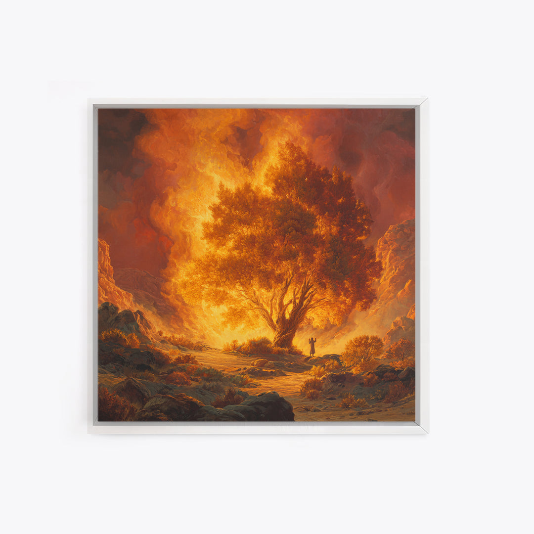 Fiery Burning Bush In Desert Wall Art, Biblical Christian Canvas Print, Spiritual Landscape Decor, Religious Housewarming Gift