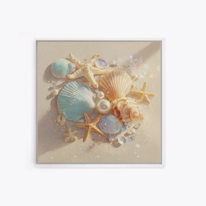Seashells Starfish And Pearls Wall Art, Coastal Beach Canvas Print, Ocean Life Decor For Bathroom Or Beach House Home Decor
