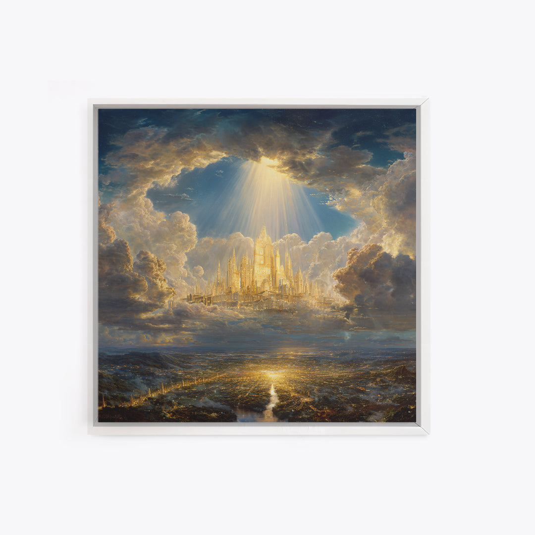 Golden Celestial City Above Clouds Wall Art, Heavenly Fantasy Canvas Print, Spiritual Landscape Decor, Statement Artwork Gift