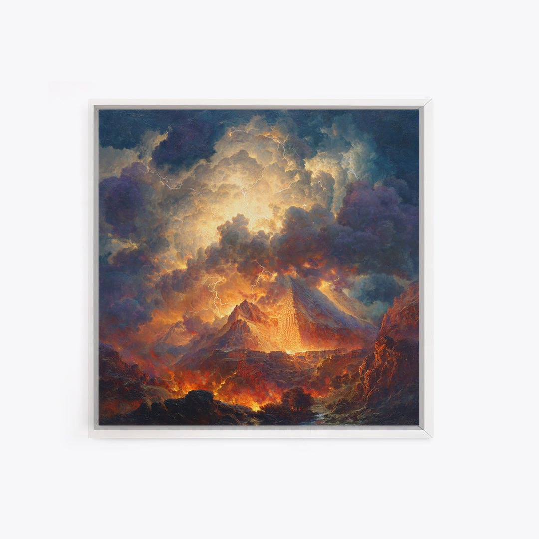 Volcanic Pyramid Storm Canvas Print, Fantasy Landscape Wall Art, Dramatic Lightning Decor, Dark Academia Statement Artwork