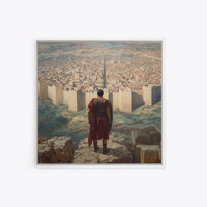 Warrior Over Ancient Walled City Wall Art, Biblical Landscape Framed Canvas Print, Historical Masculine Office Decor Gift