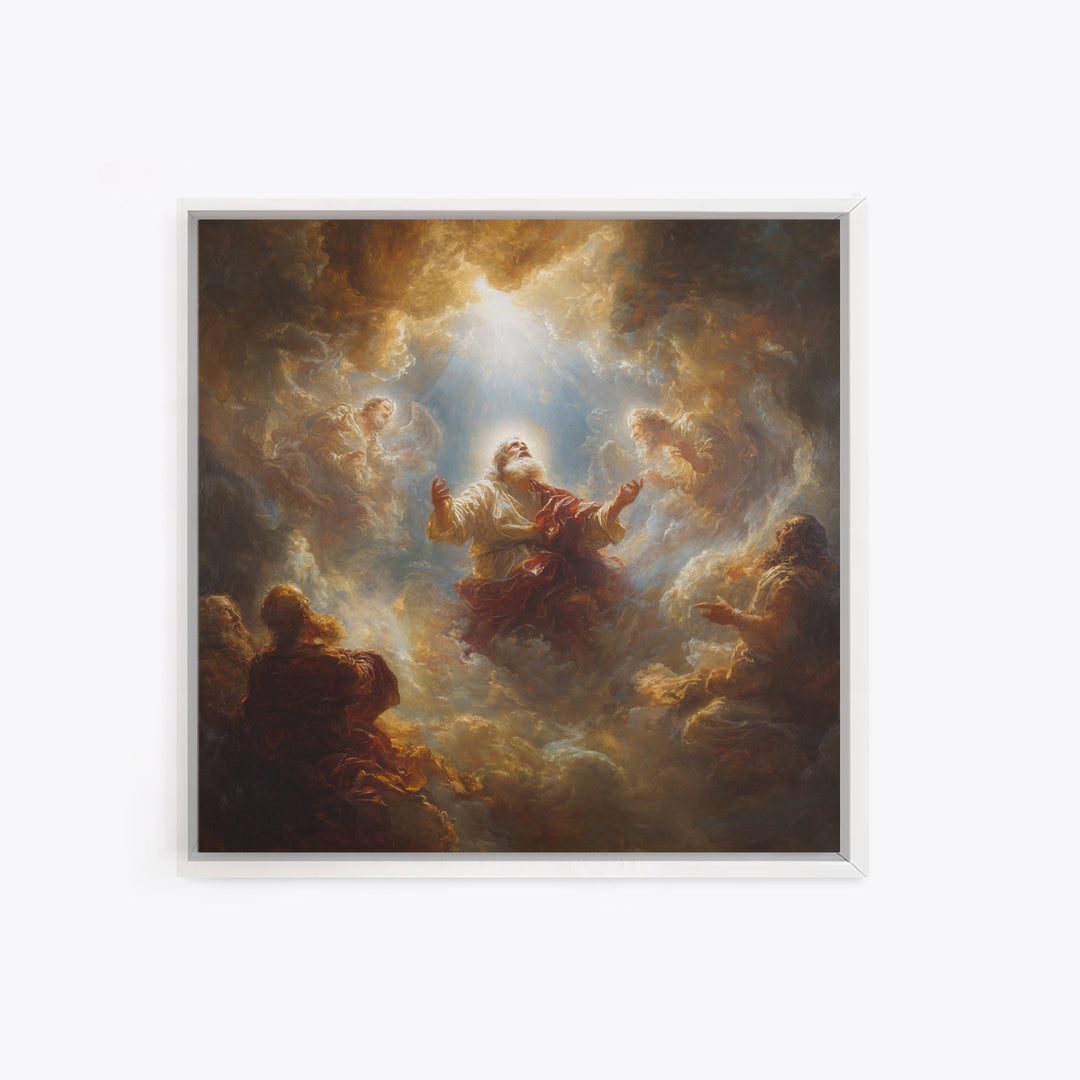 Biblical Prophet Ascending In Golden Clouds Framed Canvas Print, Christian Wall Art, Religious Home Decor, Prayer Room Gift