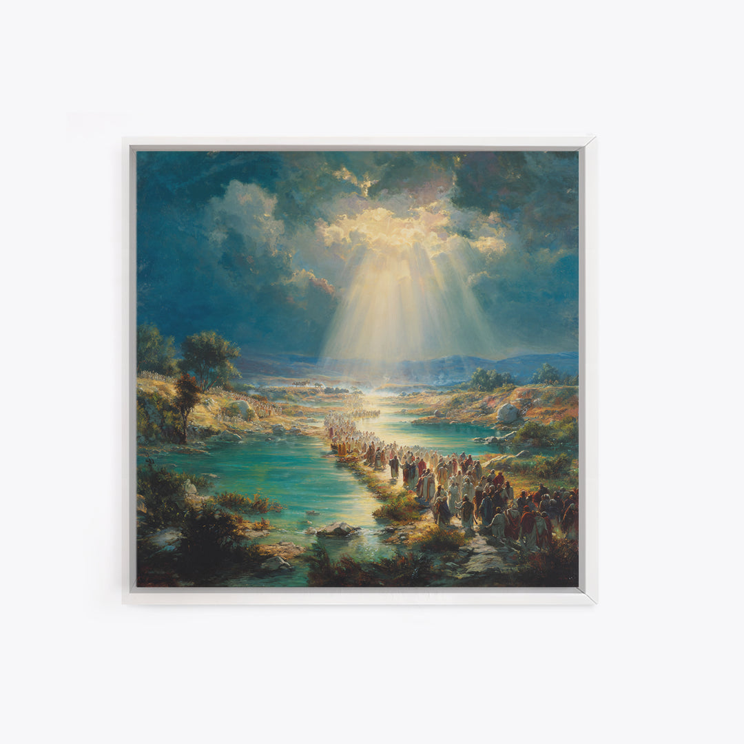 Biblical River Crossing Canvas Print, Radiant Sunbeams Over Sacred Landscape, Christian Wall Art, Religious Home Decor, Prayer Room Decor