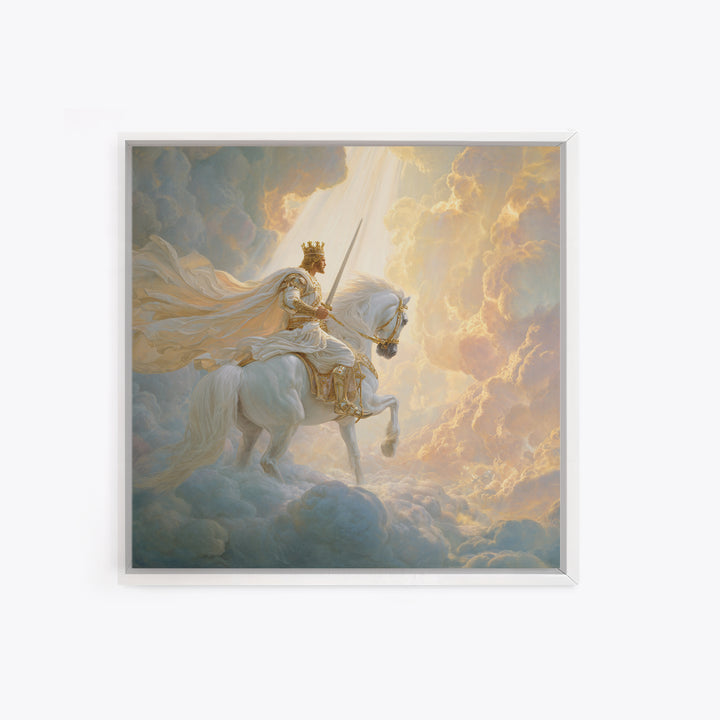 Heavenly King On White Horse Wall Art, Biblical Fantasy Art Print, Christian Home Decor, Ethereal Clouds Framed Canvas Print