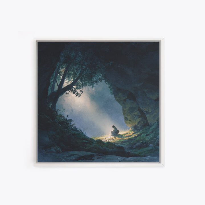Mystic Cave Seeker Framed Canvas Print, Fantasy Wall Art, Moody Forest Decor, Surreal Adventure Art, Meditation Room Decor