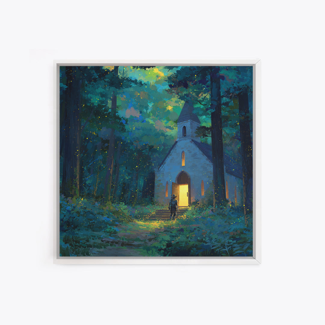 Glowing Chapel In Enchanted Forest Wall Art, Whimsical Christian Canvas Print, Fairy Tale Decor, Kids Room Art, Nursery Decor
