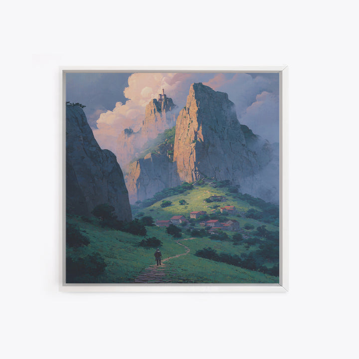 Fantasy Mountain Village Below Castle Wall Art, Dreamy Landscape Print, Storybook Decor, Whimsical Fantasy Art, Nursery Wall Art