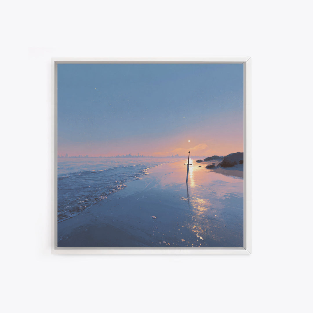 Pastel Beach Sunset With Sword Reflection Wall Art, Coastal Canvas Print, Minimal Ocean Landscape Bedroom Decor Gift For Her