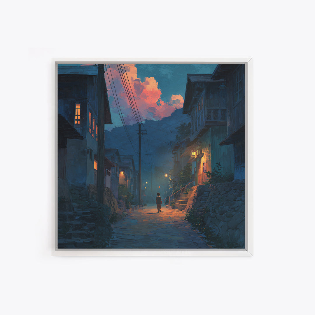 Child Walking Through Twilight Mountain Village Canvas Print, Moody Alley Wall Art, Cozy Blue Landscape, Whimsical Decor