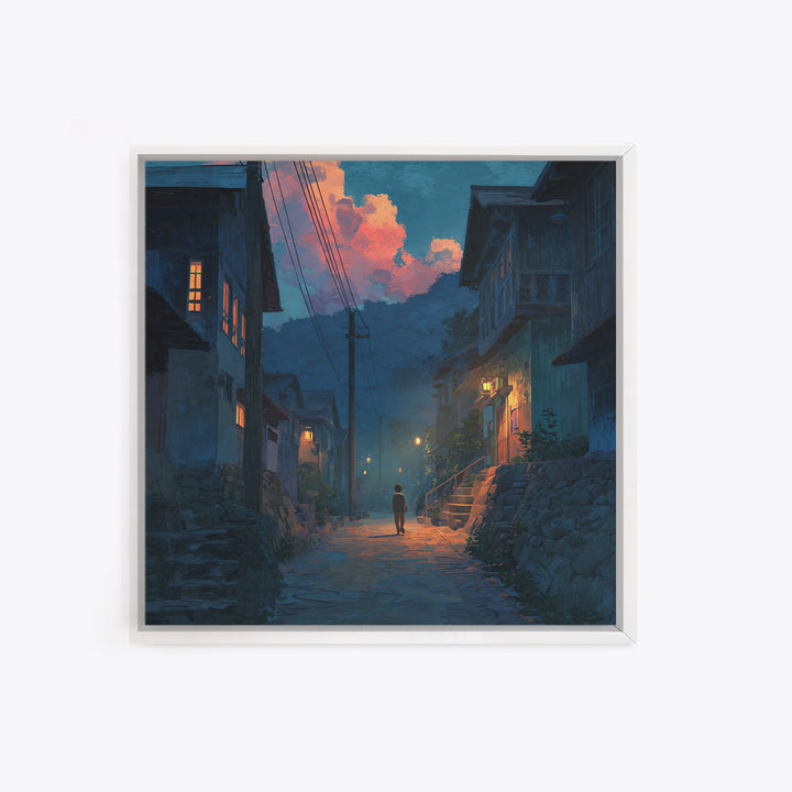 Child Walking Through Twilight Mountain Village Canvas Print, Moody Alley Wall Art, Cozy Blue Landscape, Whimsical Decor