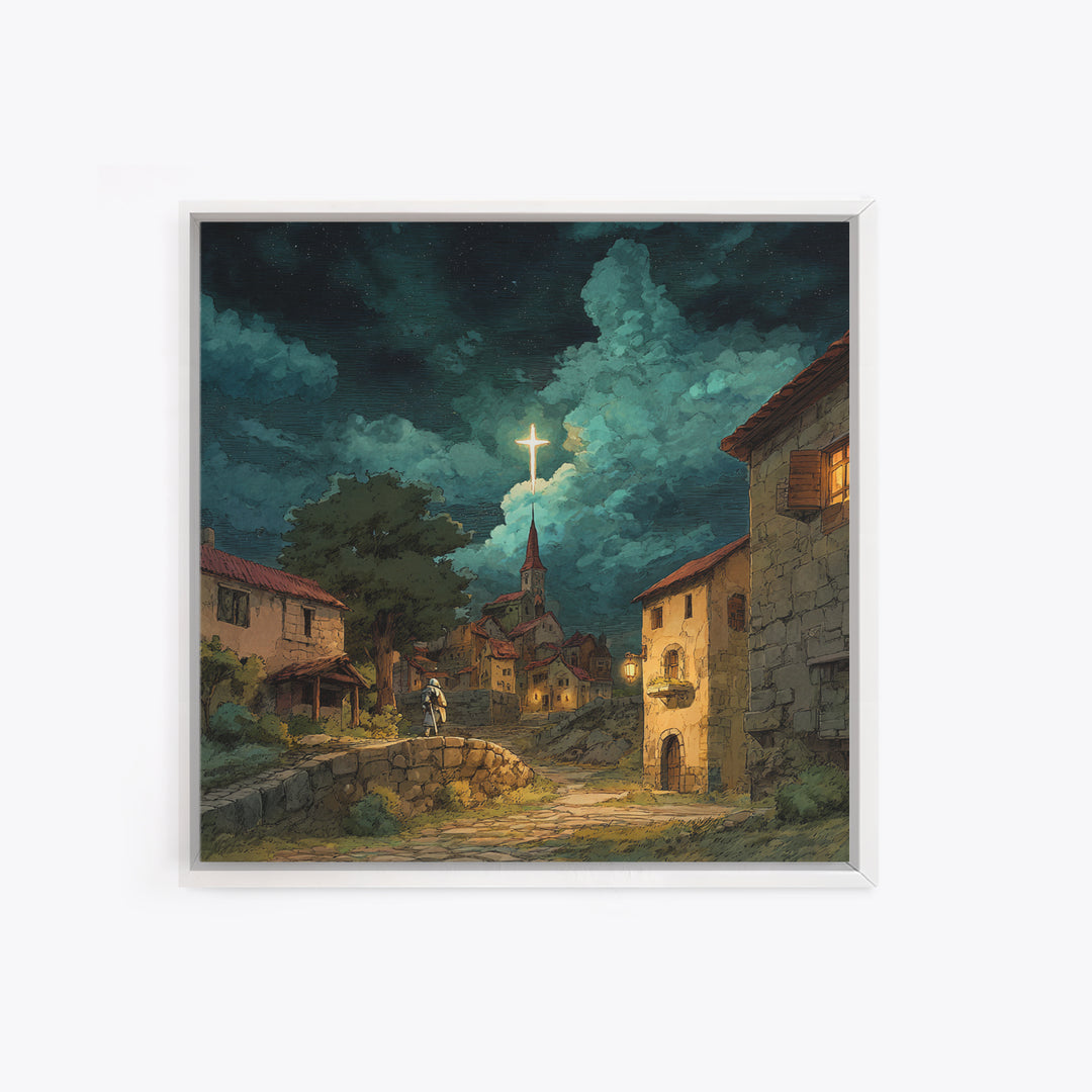 Moonlit Christian Village With Glowing Cross Wall Art, Storybook Church Canvas Print, Rustic Faith Decor For Cozy Home Decor